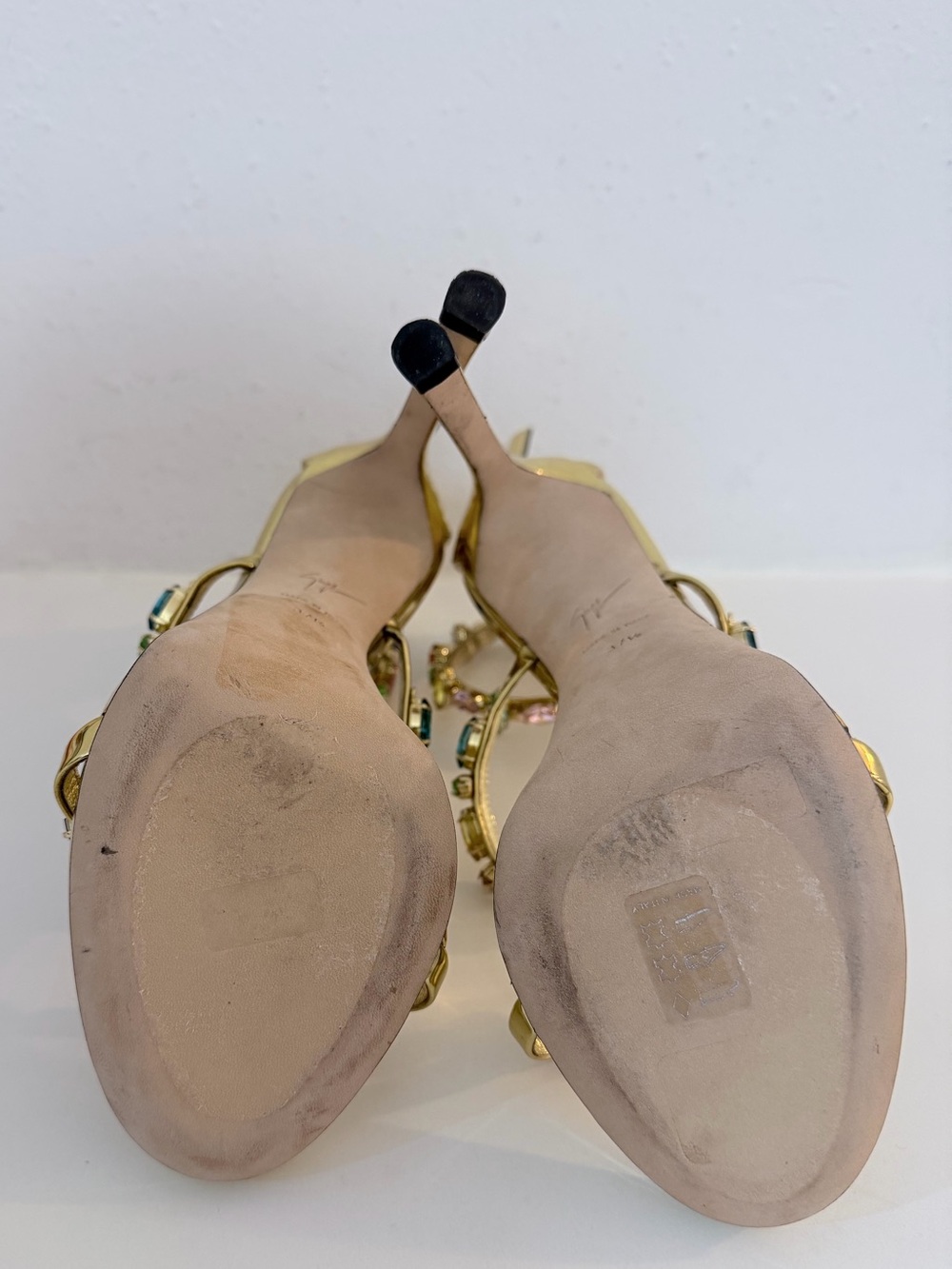 Giuseppe Zanotti Harmony Gold Jeweled Multicolor Crystal-Strap Heels size 37.5 - Picture 10 of 17
